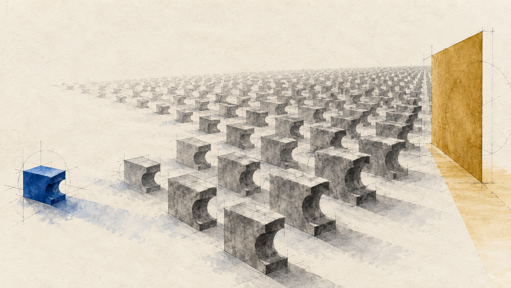 A flawed cobalt block is repeated into a large graphite field beside an ochre correction plane.