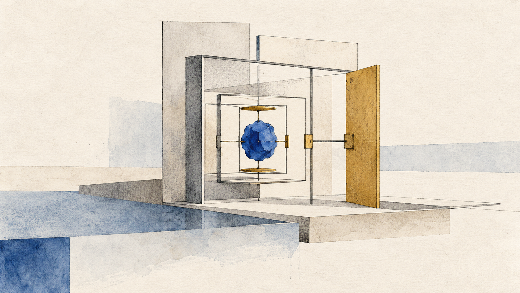 A small cobalt form is held within layered architectural frames and an ochre control plane.