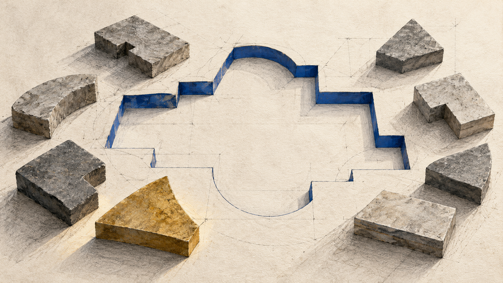 A cobalt capability-shaped void is surrounded by materially different candidate fragments.