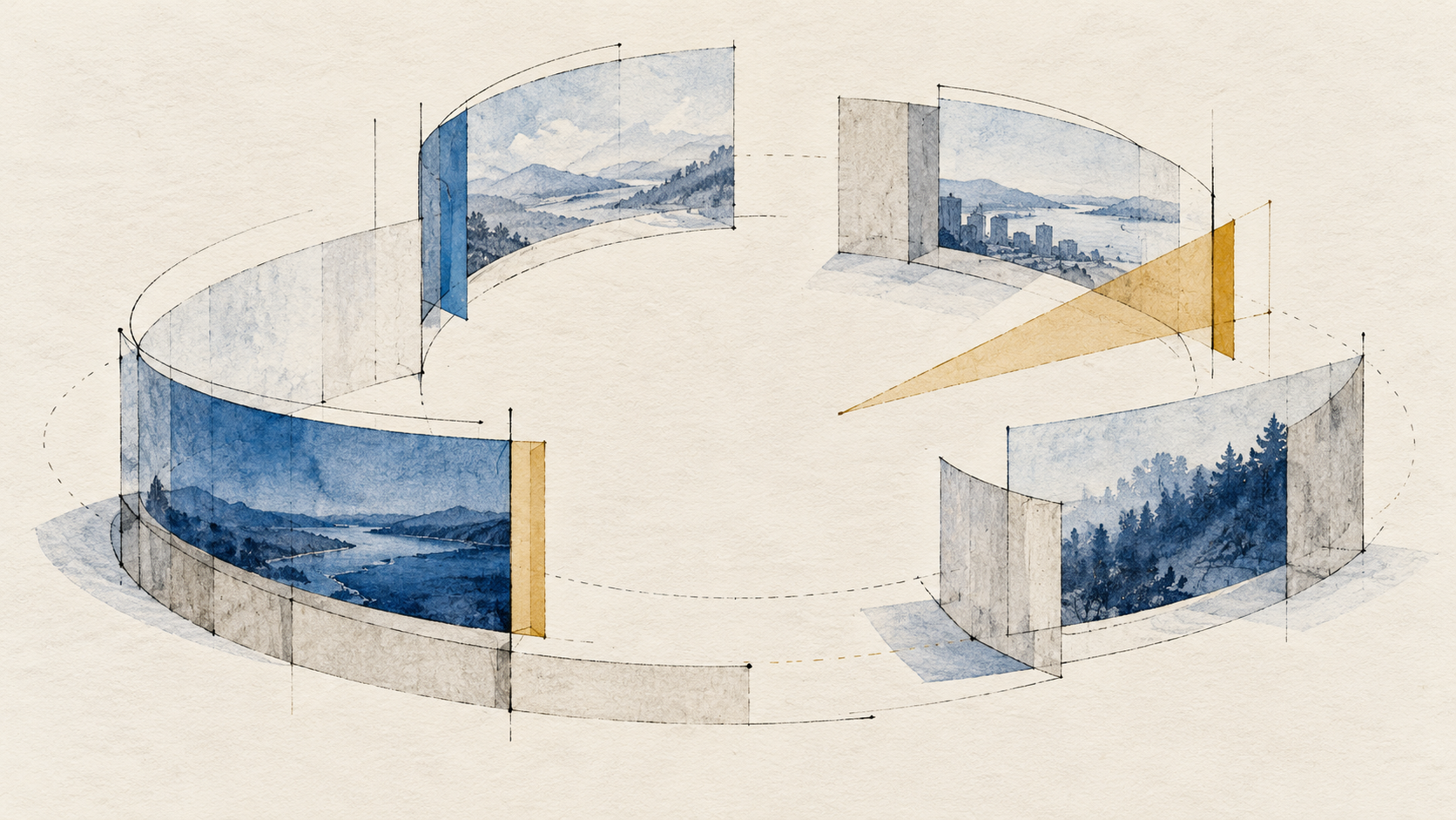 Separated curved viewing panels surround an empty centre, each showing a different partial landscape.