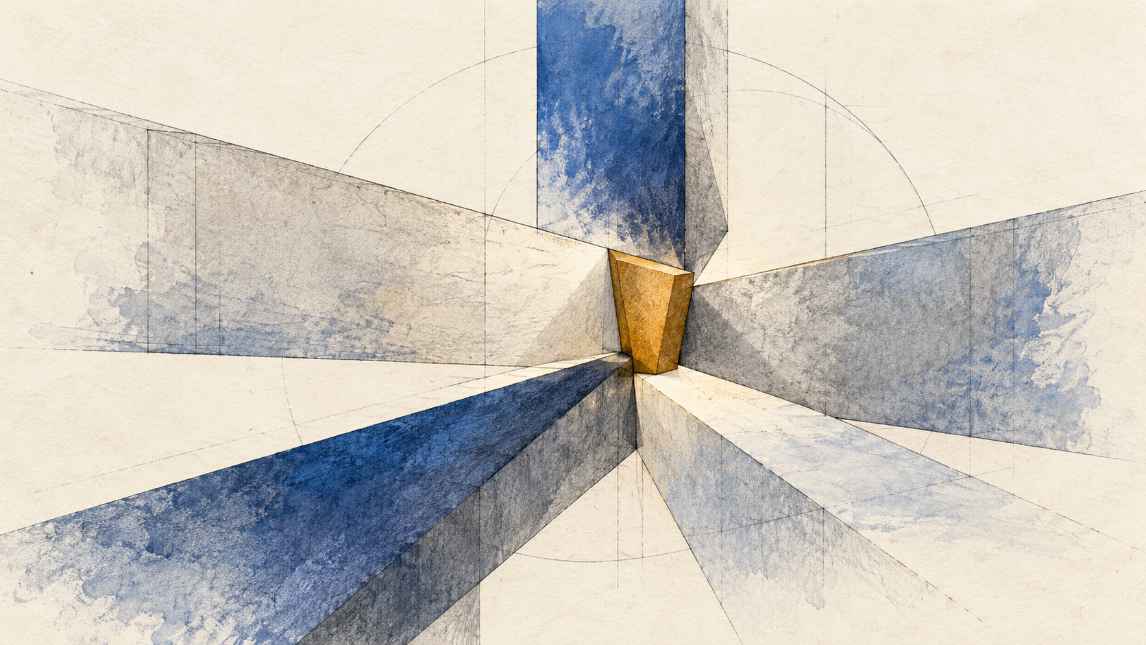 Five hand-drawn architectural planes converge on a small ochre keystone.