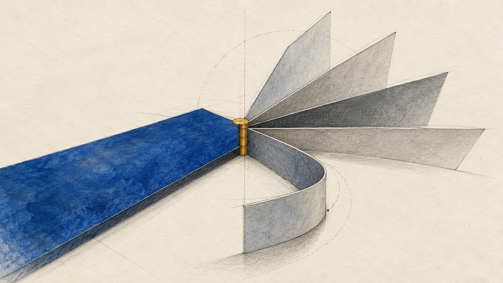 A cobalt plane meets several graphite consequences at an ochre hinge, with one plane curving back.