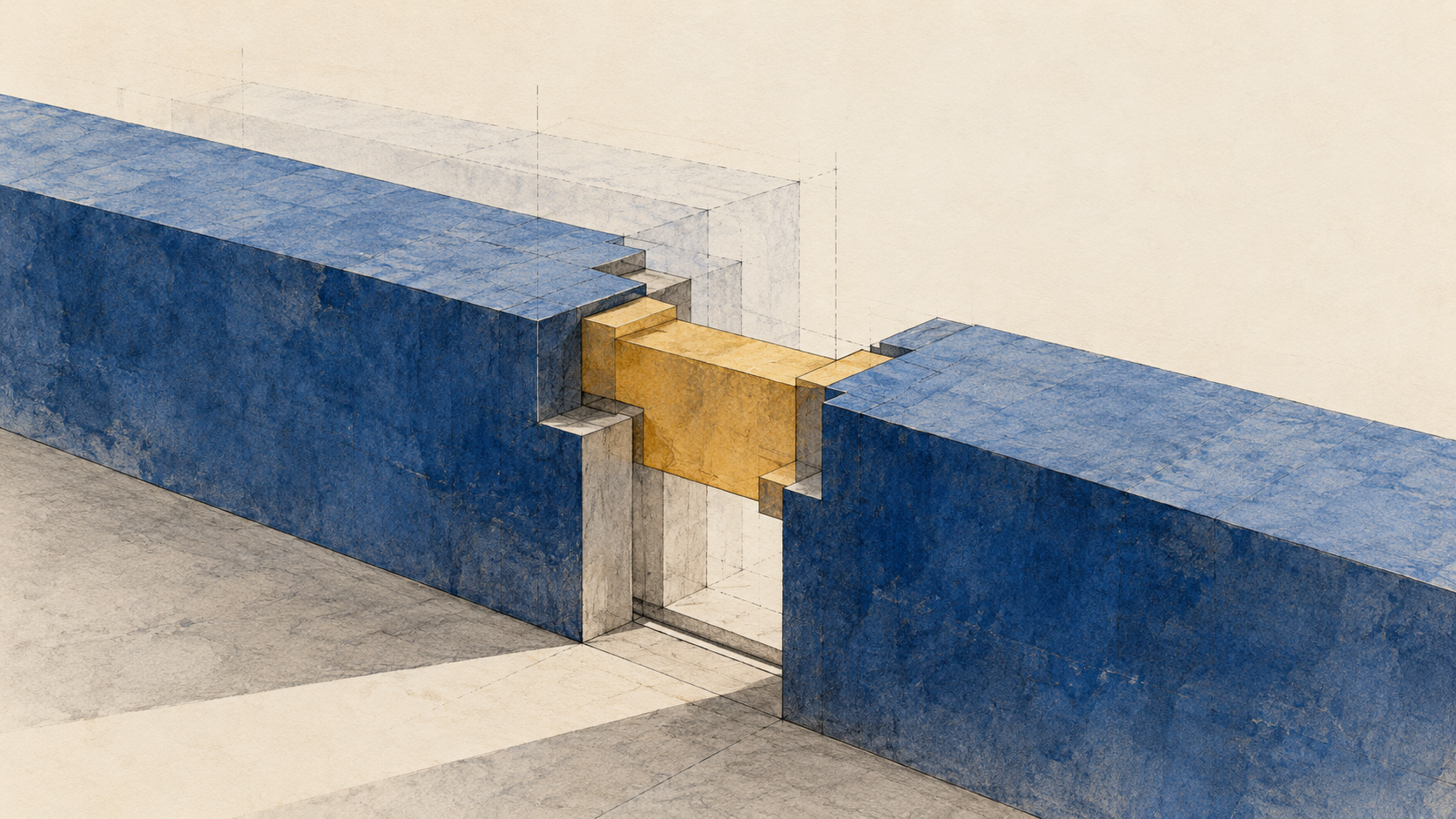 An ochre architectural interlock seats between two cobalt planes, with graphite traces of prior positions.