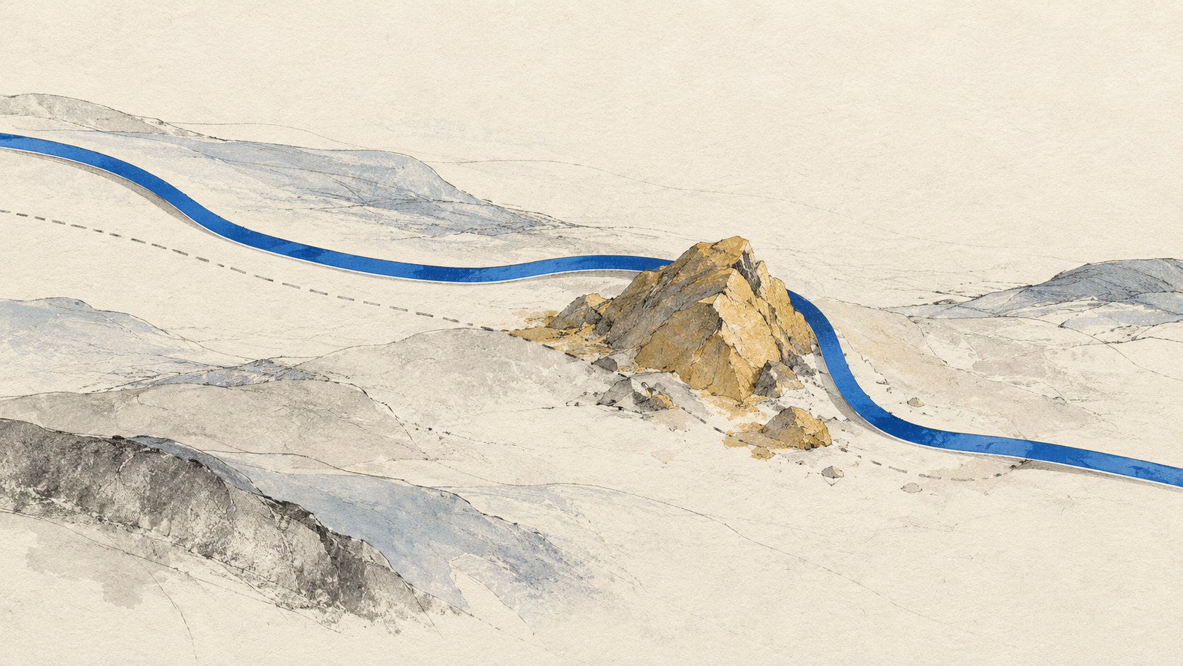 A cobalt route leaves a faint graphite path to adapt around an ochre obstruction before continuing.