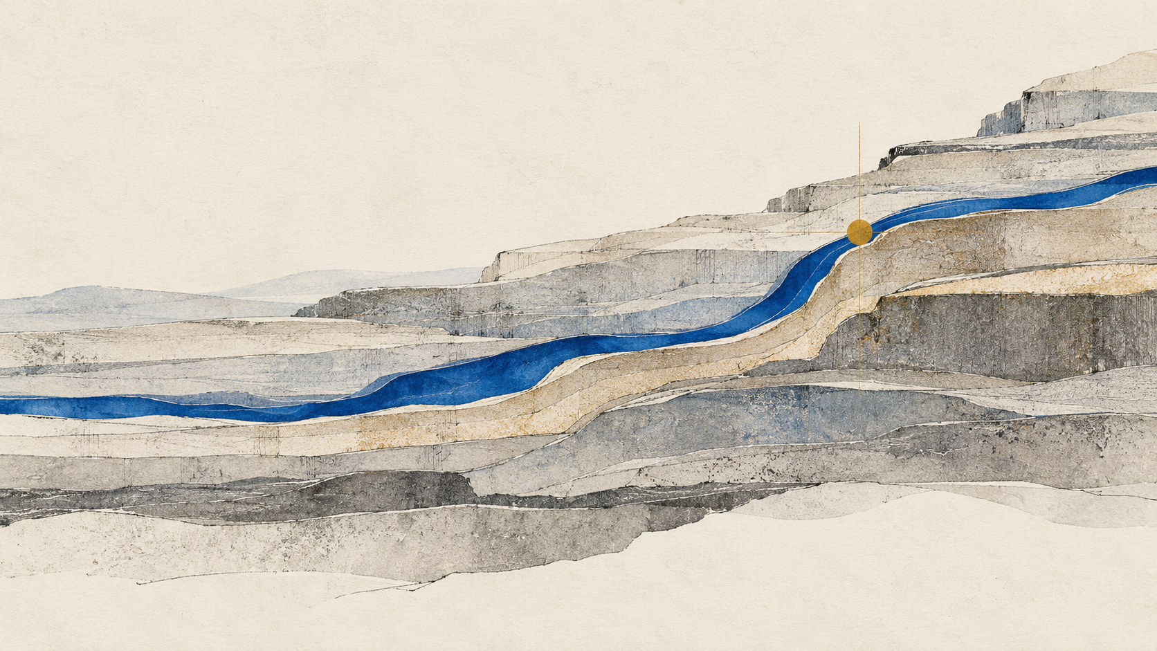 A continuous cobalt seam travels through layered graphite and cream strata, marked once in ochre.