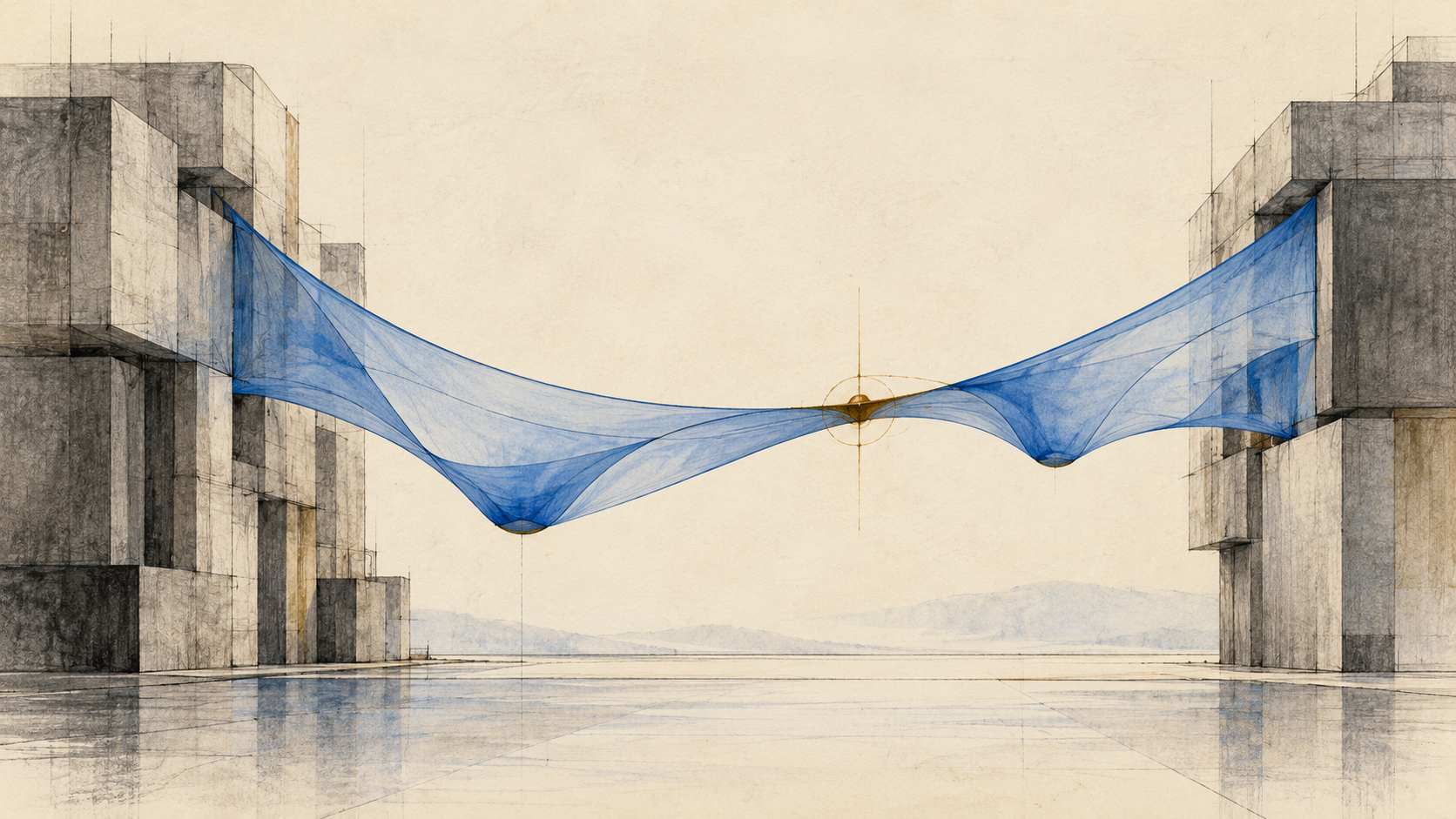 A flexible translucent cobalt membrane spans two rigid graphite structures and meets at one ochre contact point.