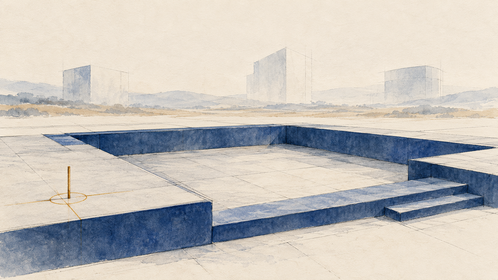 A carefully prepared cobalt architectural foundation remains empty while faint candidate volumes sit in the distance.