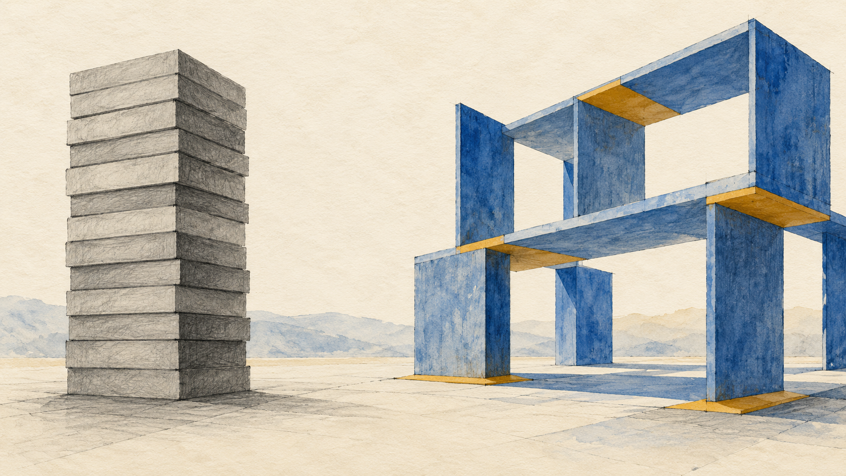 An inert graphite tower stands apart from an open cobalt architectural frame with ochre bearing plates.
