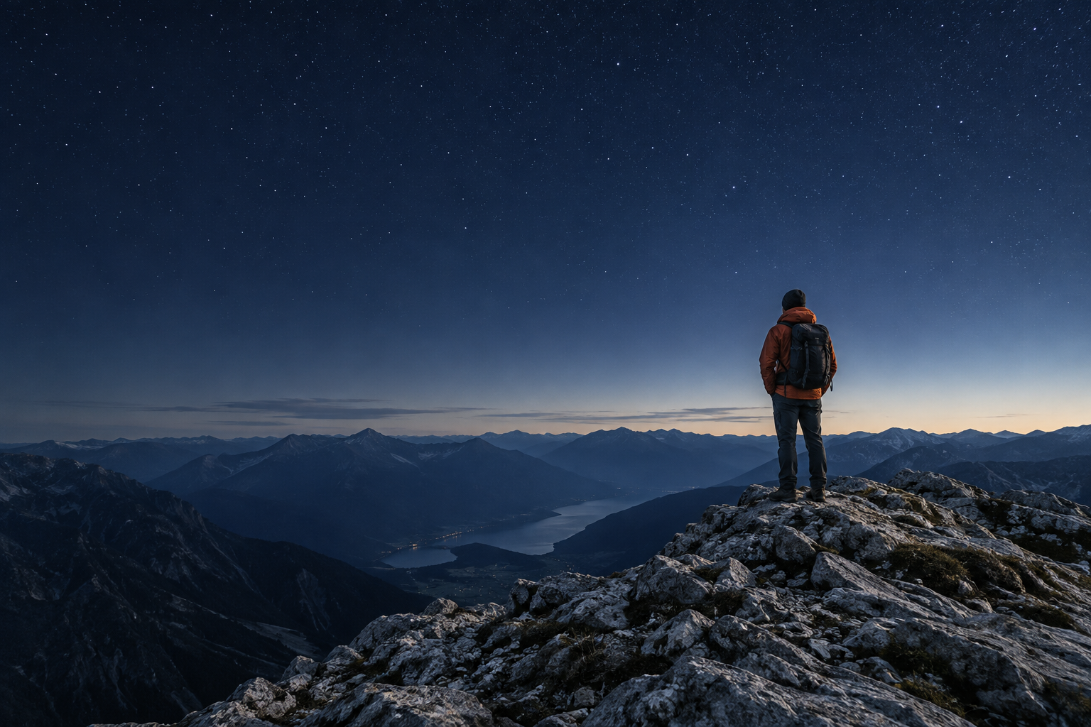 An explorer looking across a mountain landscape beneath a clear night sky